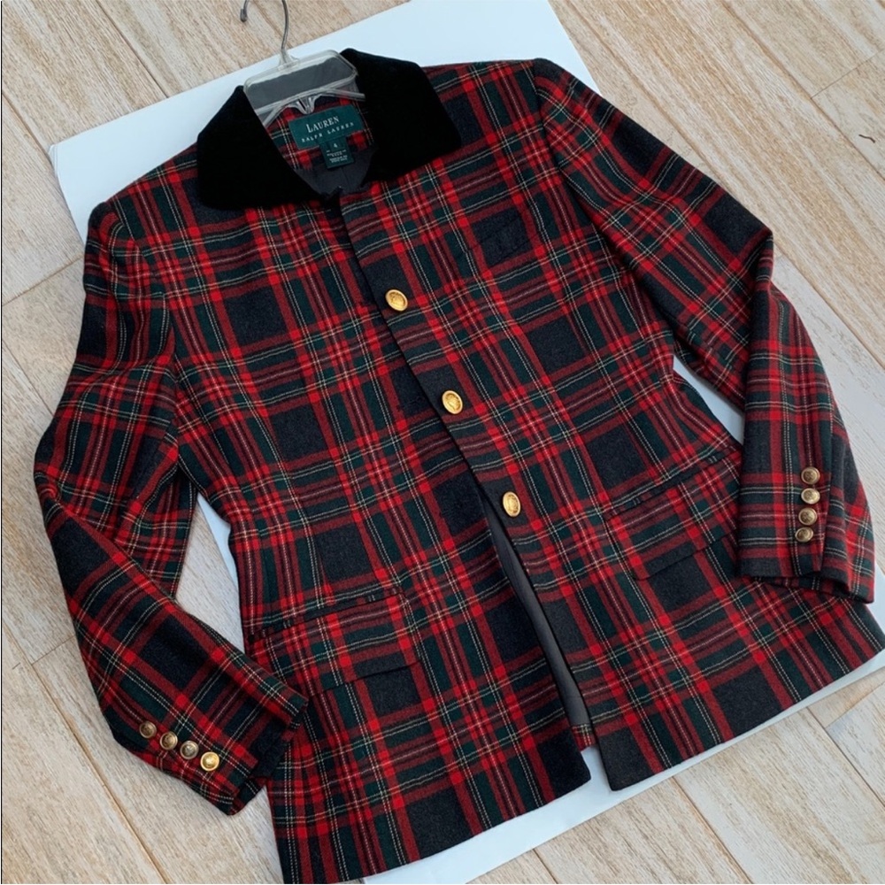 Ralph Lauren Holiday Vintage Tartan Plaid Red Jacket Gold w/ Black Velvet Collar - Picture 13 of 15